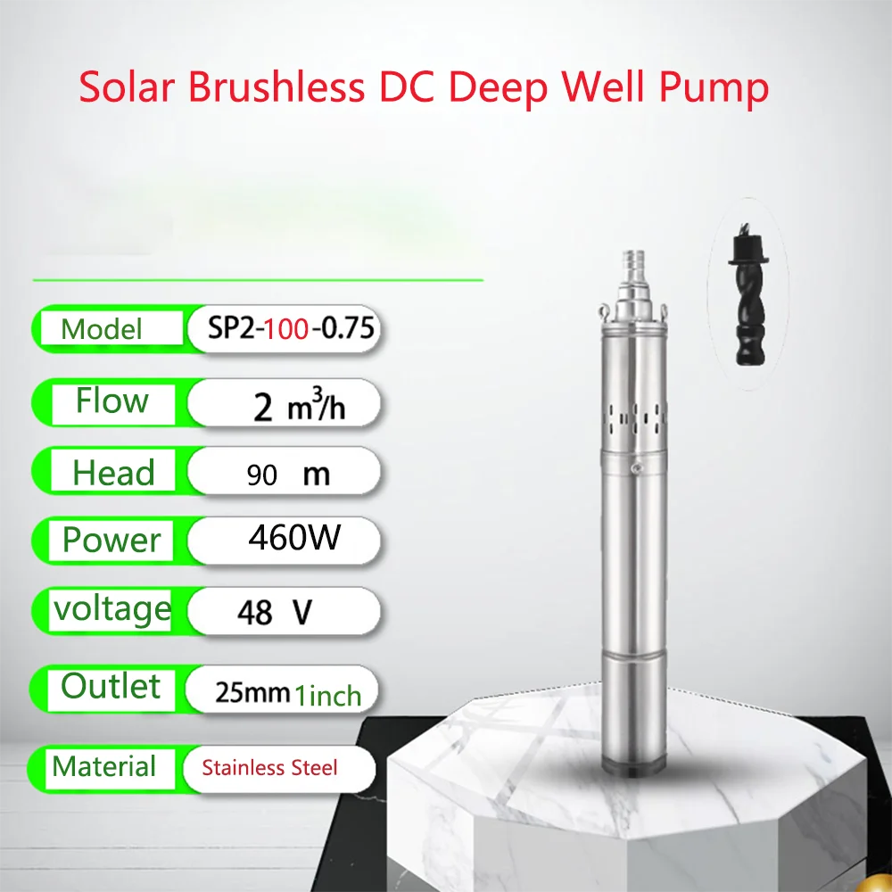 48V 460W Solar PV DC Water Pump Max Head 90M Flow Rate 2Tons Per Hour Solar Stainless Steel Deep Well Pump Brushless Water Pump