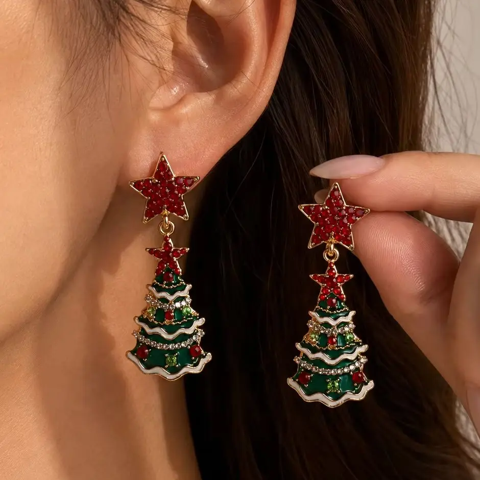 Merry Christmas Xmas Tree Red Ball Asymmetric Stud Earrings for Women New Year Snowflake Bell Deer Zircon Festival Earring