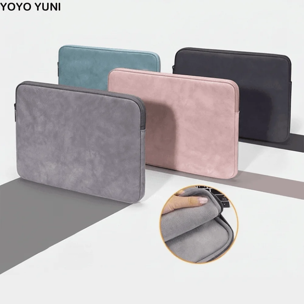 

Portable Solid Color Laptop Sleeve Bag PU Leather Soft Notebook Pouch Zipper Shockproof Laptop Case Travel