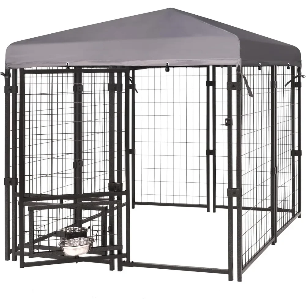 

Heavy-Duty Metal Dog Pen with Rotating Feeding Doors, Canopy, and Bowl Holders