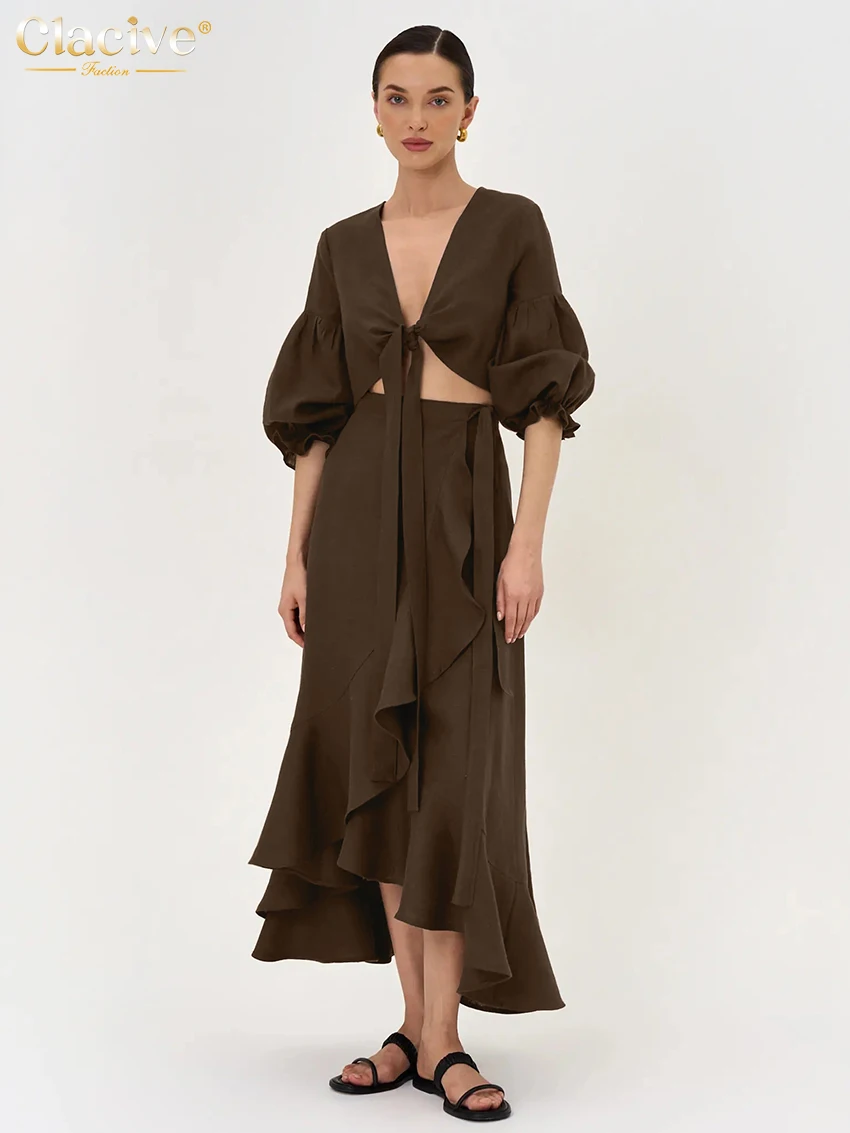 

Clacive Sexy Loose Brown Cotton 2 Piece Set Women 2025 Fashion Long Sleeve Shirt With High Waist Ruffle Midi Skirt Set Female