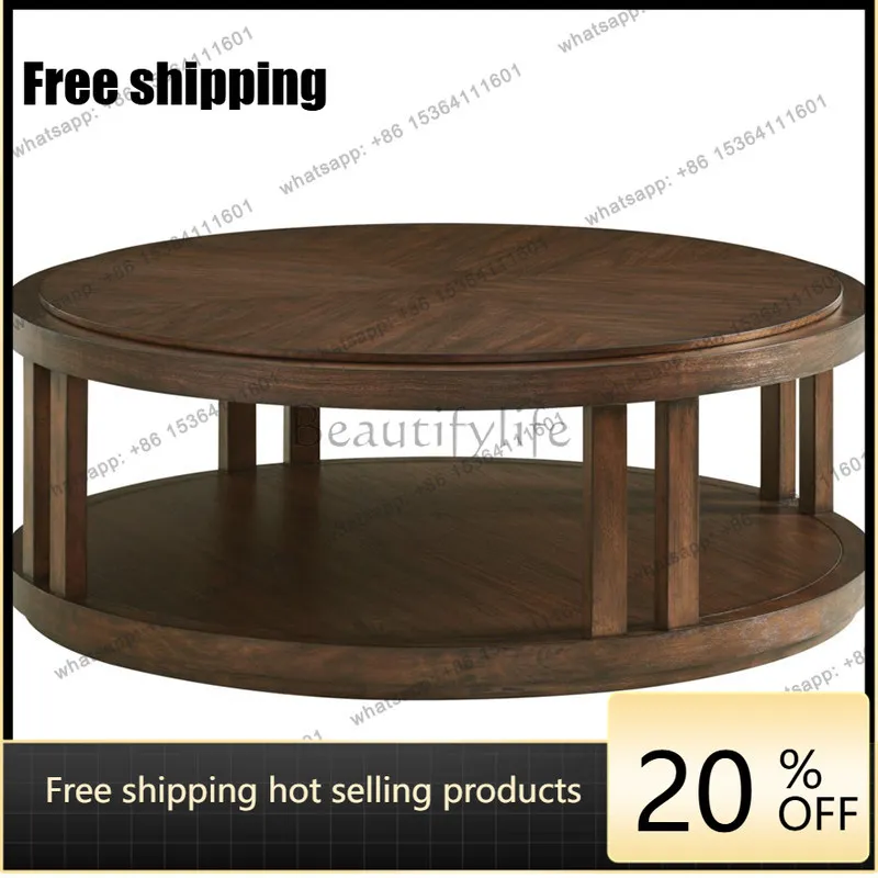 Zj. American solid wood round coffee table side table old retro round coffee table