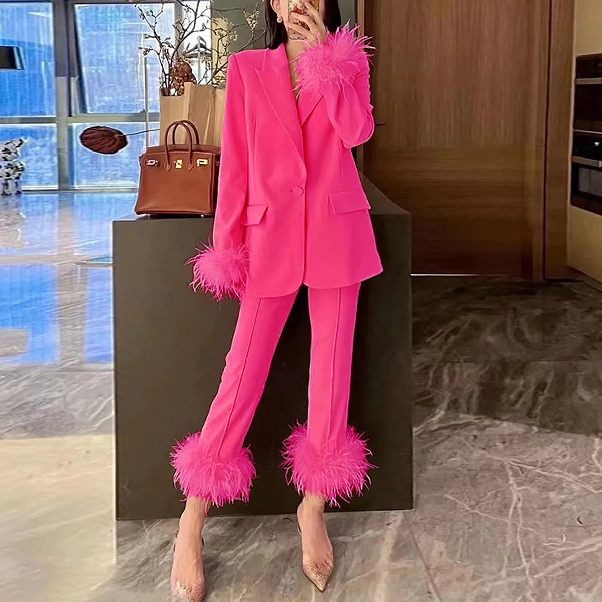 Three Colors High-quality And Fashionable Ostrich Hair Decoration Slim Fit Long Sleeved Cropped Pants Women's Casual Set