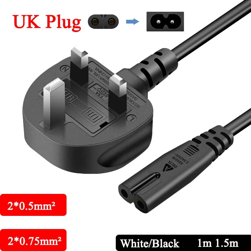 

UK Plug 2 Prong Connector Power Cable 2*0.5mm² 2*0.75mm² Electrical Copper Wire White Black 1m 1.5m Charging Line For PC Laptop