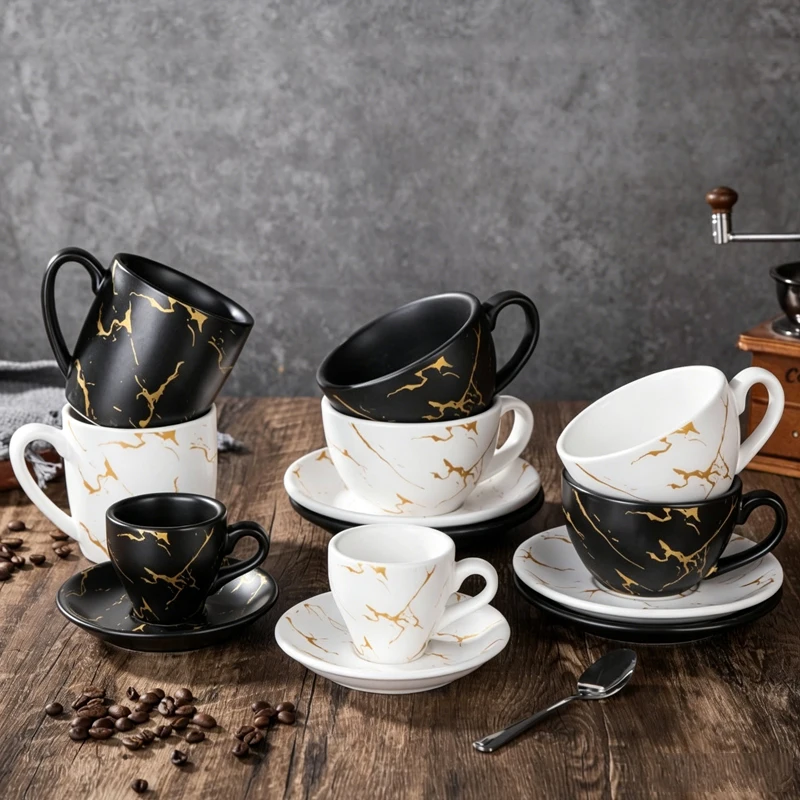 Ceramic Flower Latte Fancy Coffee Cup Espresso Coffee Cup and Saucer Retro European Cappuccino Milk Cup Ceramic Marble Mug