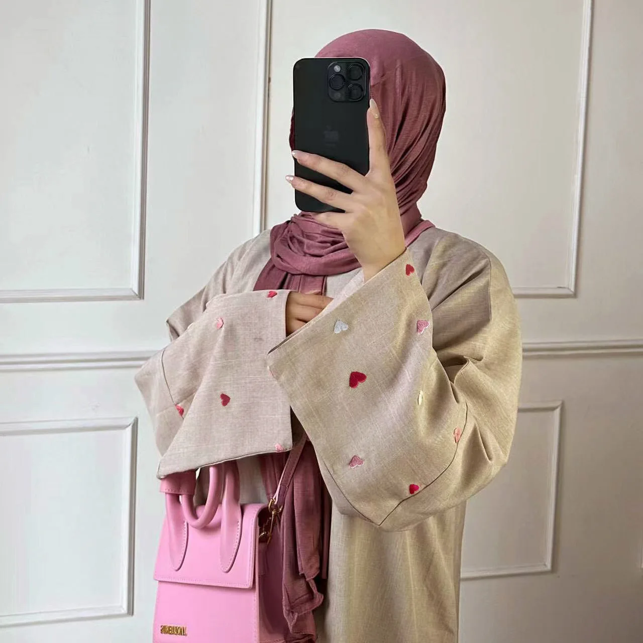 2024 EID Heart Pattern Embroidery Linen Open Abaya Dubai New Fashion Batwing Sleeve Kimono Islamic Clothing Women Muslim Dress