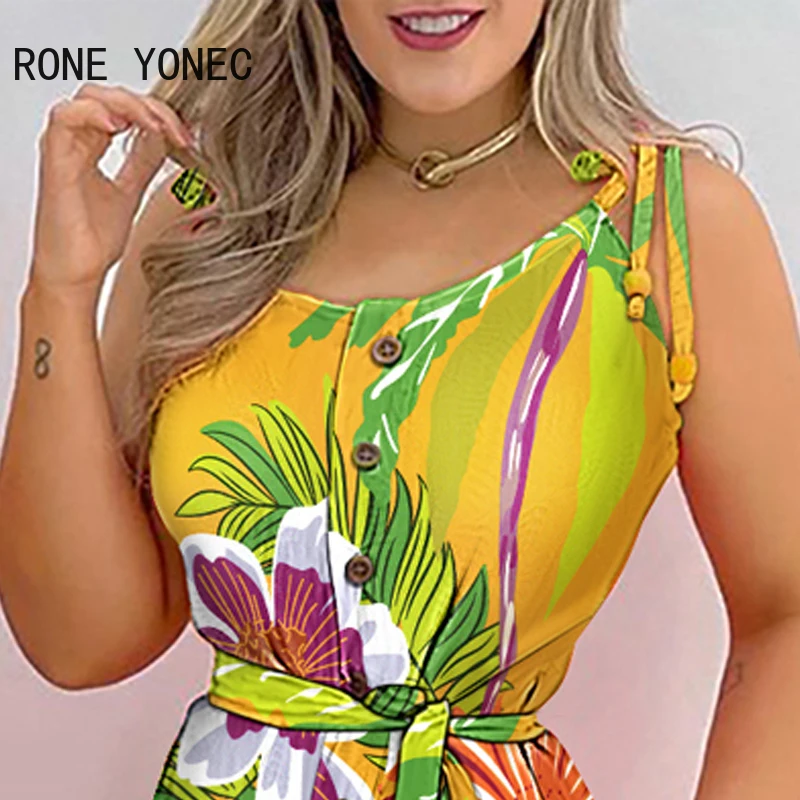 Women Casual Spaghetti Tape Strap Sleeveless All Over Print Pocket Sashes Bodycon Rompers