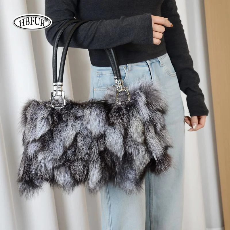 New Fashion Real Fur Shoulder Bag Women's Natural Fox Fur Handbags Luxury Tote Bags Purses Fluffy Silver Fox Fur Bag For Woman
