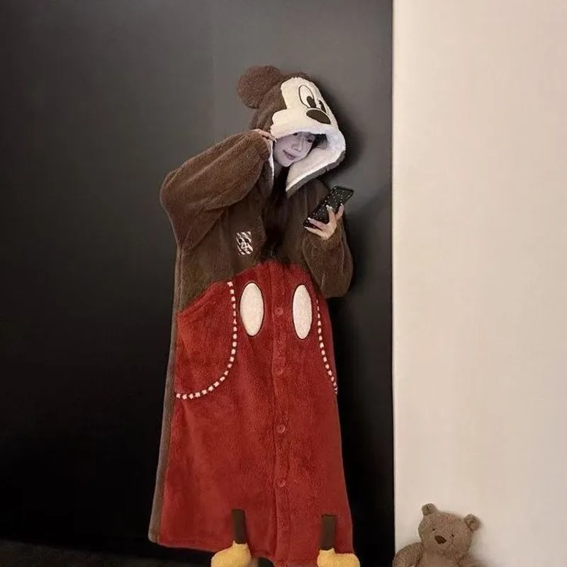 

Disney Cute Cartoon Mickey Hooded Coral Fleece Nightgown Women's Autumn And Winter New Thick Plush Warm Sleepwear Home Wear