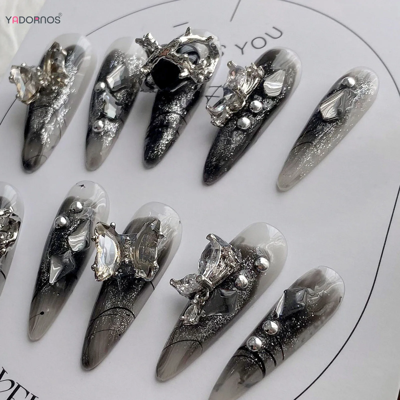 أظافر مزيفة خنجر طويلة ، مصنوعة يدويًا ، متدرجة ، سوداء ، اضغط عليها ، الماس ، الفراشة ، تصميماتها بعقدة فراشية ، لامعة ، مانيكير ، يمكن ارتداؤها ، 10 *