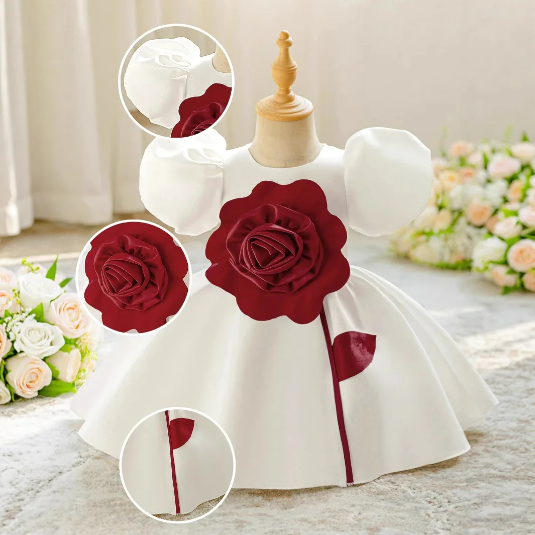 

Infant Baby Girl Princess Dress Red Flower Romantic Kids Dress Puff Sleeve 1st Birthday Wedding Prom Party Baby Costume