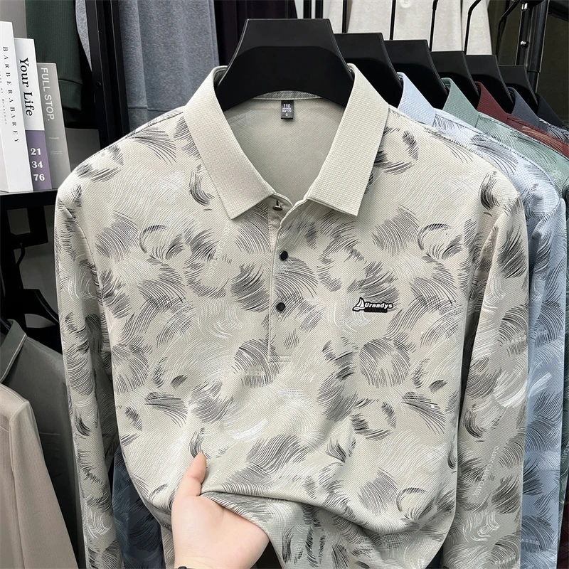 Herren-Polohemd mit abstraktem Blattmuster, langen Ärmeln, umgeschlagenem Kragen, atmungsaktivem, glattem Stoff, für den täglichen, lässigen Gebrauch. – Detail 4