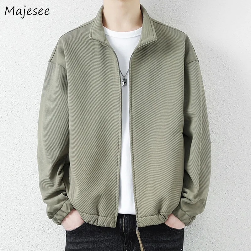 

Jackets Men Loose Stand Collar Ins Solid Minimalist Zipper Fashion 3 Colors All-match Young Chic Leisure Students Coats Ulzzang