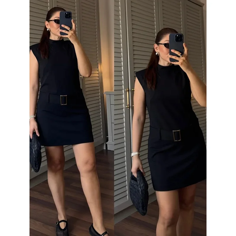 

Women's Retro O-neck Sleeveless Short Dress with Belt Summer Fashion Commuter Dress Slim Fit Simple Elegant Women's Clothing