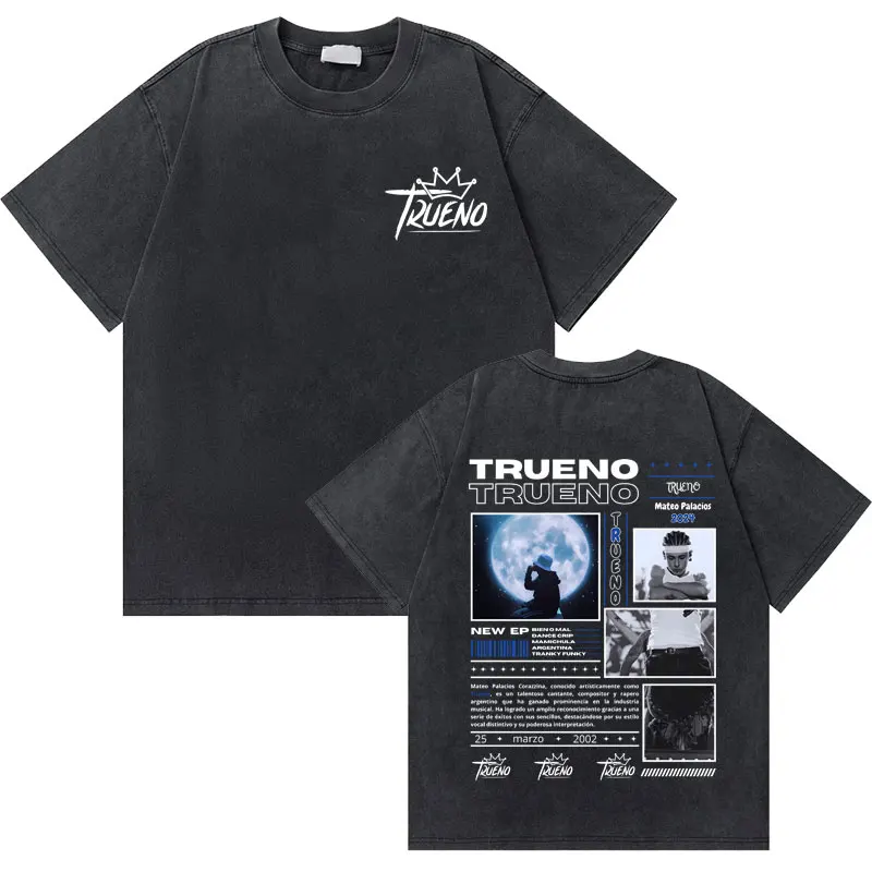 Washed Vintage Rapper Trueno Double Sided Print T-shirt Men Women Hip Hop Fashion Tshirt Men's Cotton Casual Oversized T Shirt