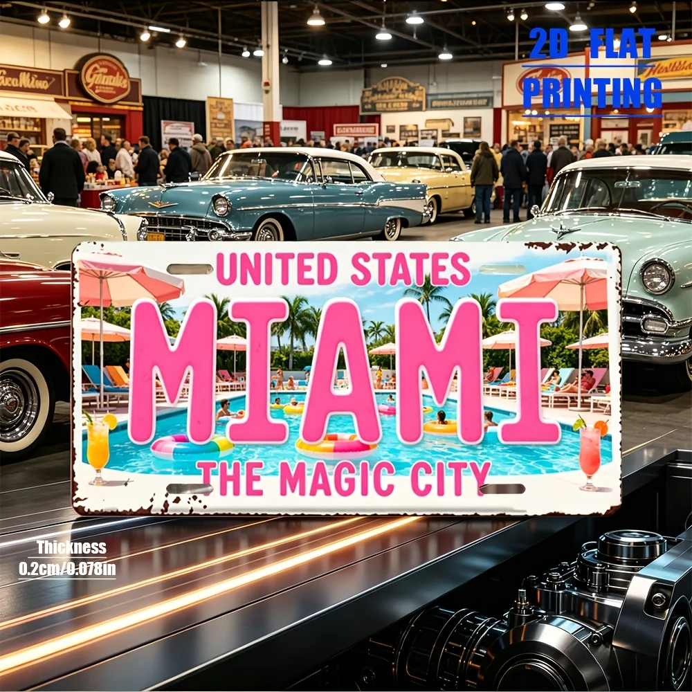 2D Flat, [2D Flat] 2D Flat Print, 1pc, Miami-themed Vintage Sign, Aluminum Decorative License Plate, for Decorative Purposes Onl