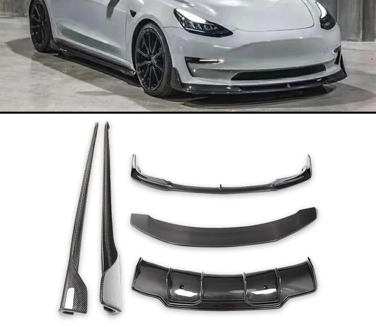 

V Style Carbon Fiber Body Kit Car Bumper For Tesla Model 3 Bodykit Carbon Fiber Front Lip Side Skirts Rear Diffuser Spoiler Wing