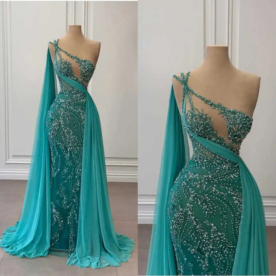 

Elegant Sequins Evening Dresses One Shoulder Sleeveless Mermaid Prom Gowns Beadeds Formal Party Customized Dresses