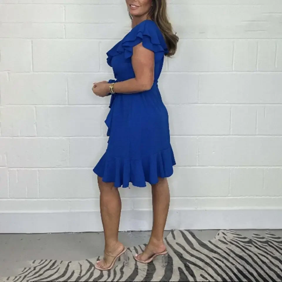 

Fashionable Long Skirt Chic V-neck Ruffle Mini Dress Collection Women's Summer Beach Vacation A-line Sundress Party Dress