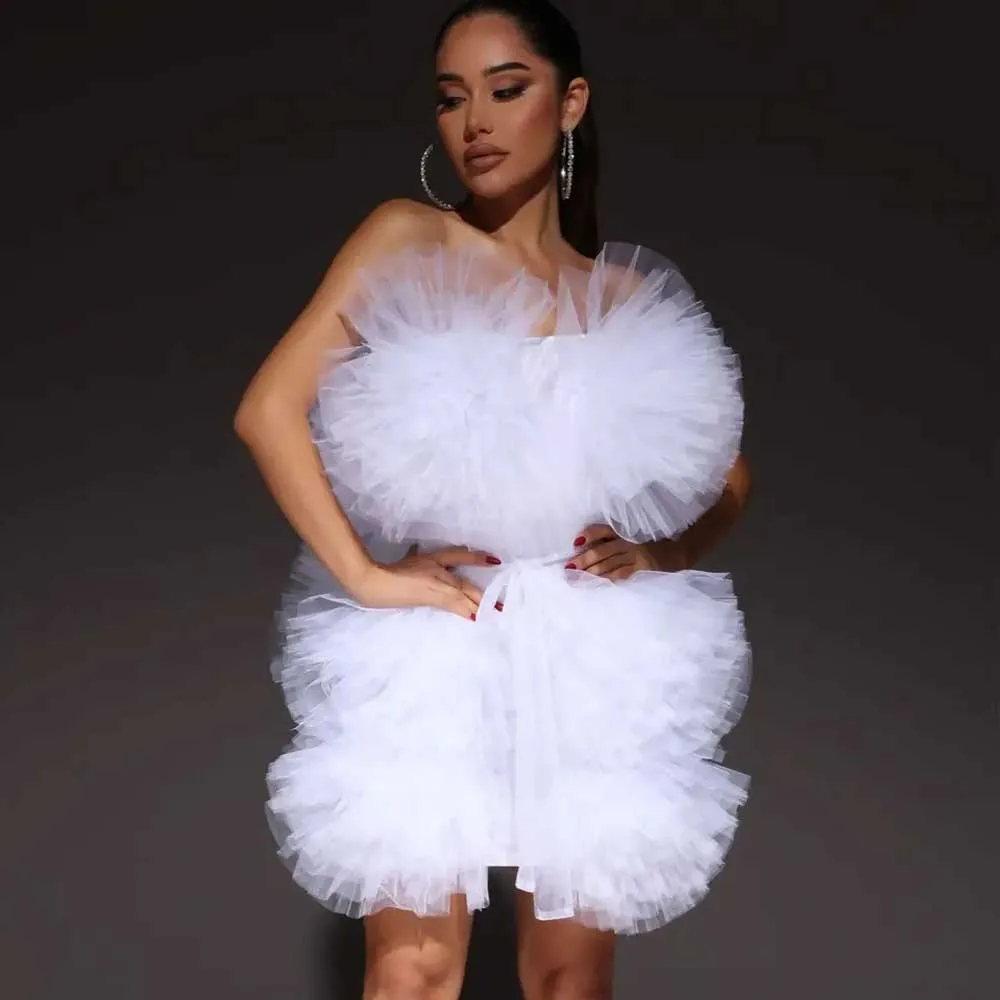 

2024 Couture White Tulle Short Dress Custom Made Ruffled Mesh Ball Flower Unique Party Dresses Women Formal Occasion Dress