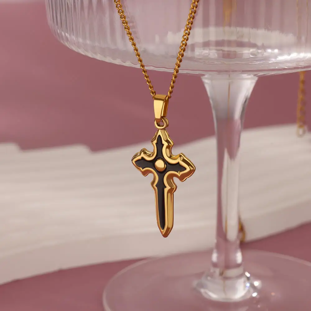 

Black Cross Pendant Necklaces for Women Cuban Chain Necklace Double Layers Charm Stainless Steel Jewelry y2k Accessories collar