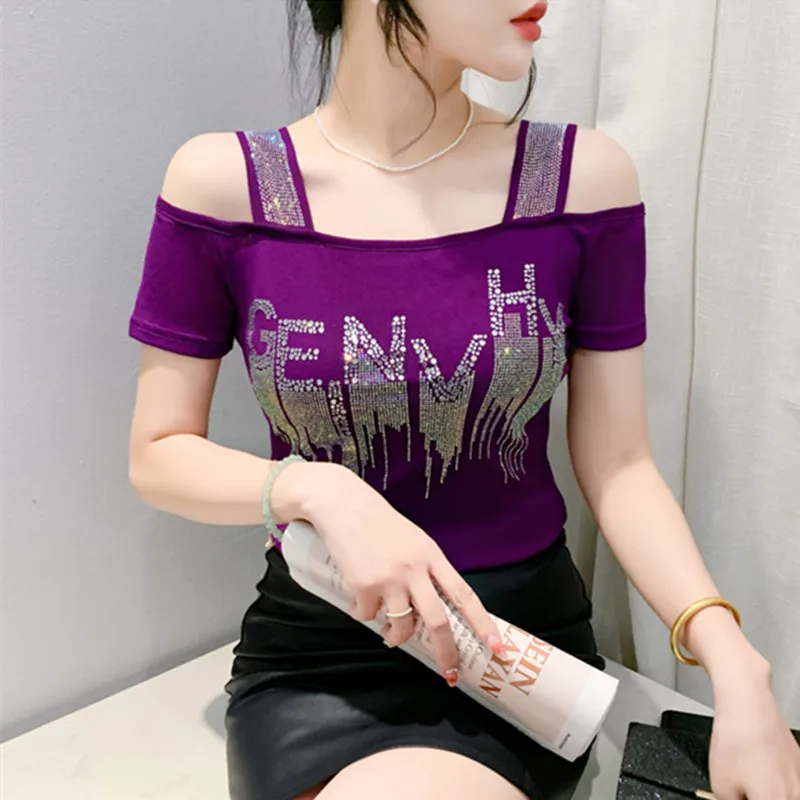 M-3XL Summer New Women\'s Letter Hot Diamonds T-shirt Clothes Sexy Off Shoulder Short Sleeve Tops Luxury Girl Mesh Slim Tees 2024