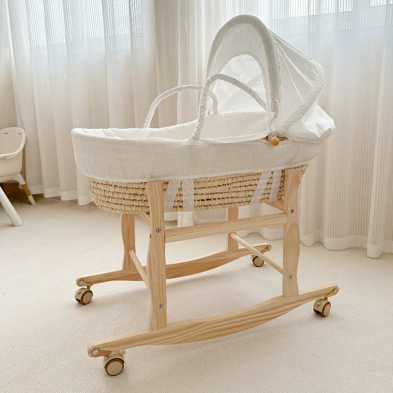 Baby Crib Mose Basket for Newborns with Wooden Folding Stand,Rocking Bedside Bassinet for Baby with Soft Mattress