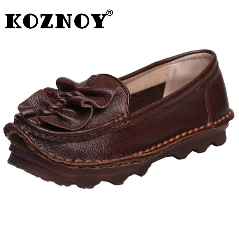 Koznoy 2cm Natural Cow Genuine Leather Flats Loafer Ethnic Moccasins Fashion Flower Slip on Shoes Women Oxfords Soft Soled Comfy