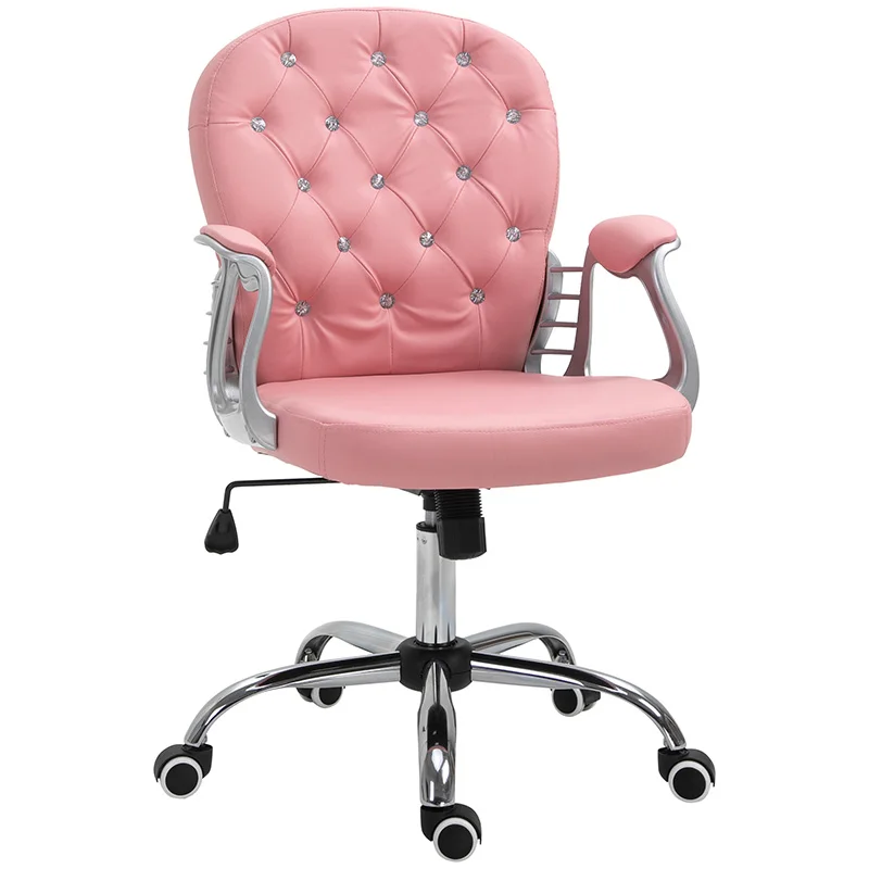 PU Leather Home Office Chair, Button Tufted Desk Chair with Padded Armrests, Adjustable Height and Swivel Wheels, Pink  On-Site