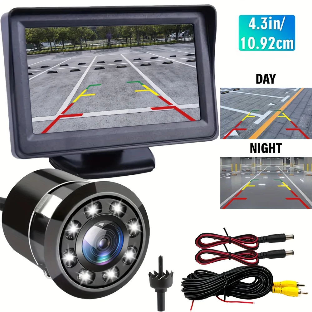 Backup Camera System,4.3-Inch Display Screen and Reversing Camera Kit with 8 LED Light,Suitable for Cars, Pickups, RVs And SUVs.
