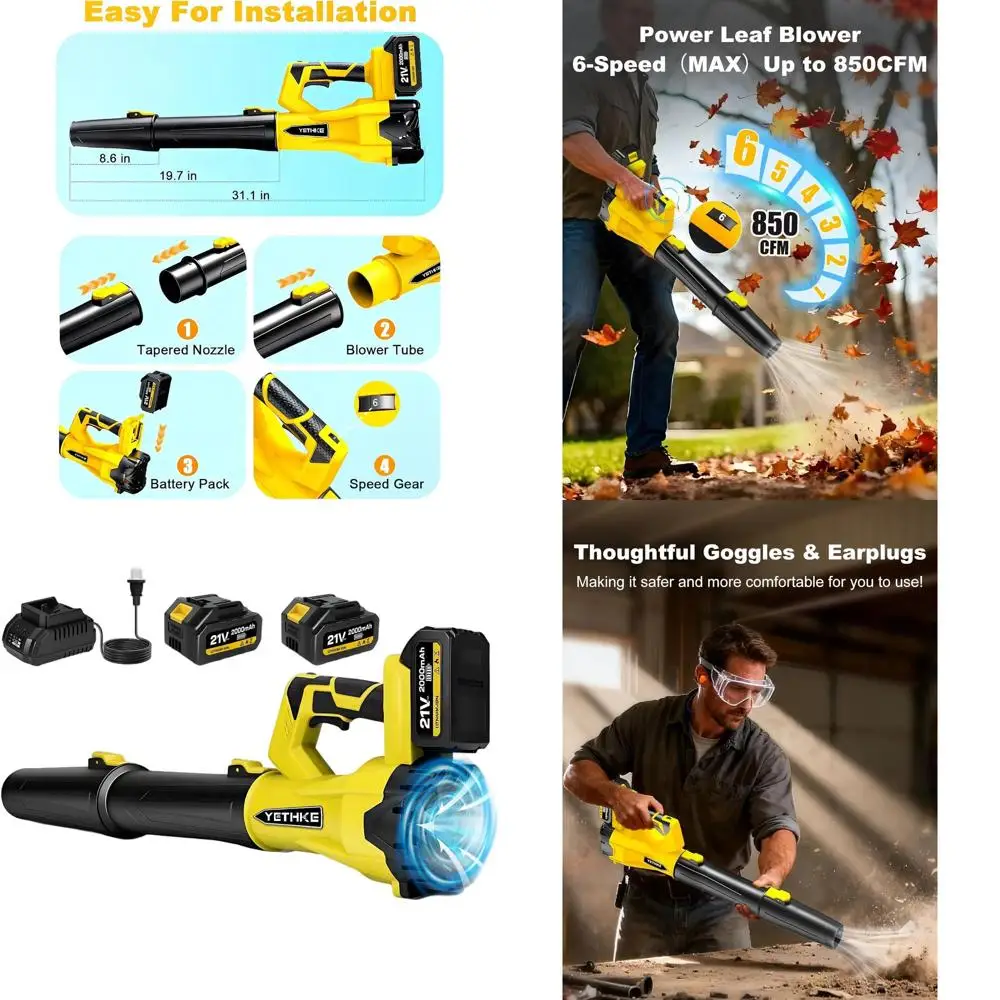 

21V Powerful Electric Leaf Blower with 2x4.0Ah Batteries, 6 Speeds, Lightweight Handheld for Lawn, Patio, Dust, and Leaves - Inc