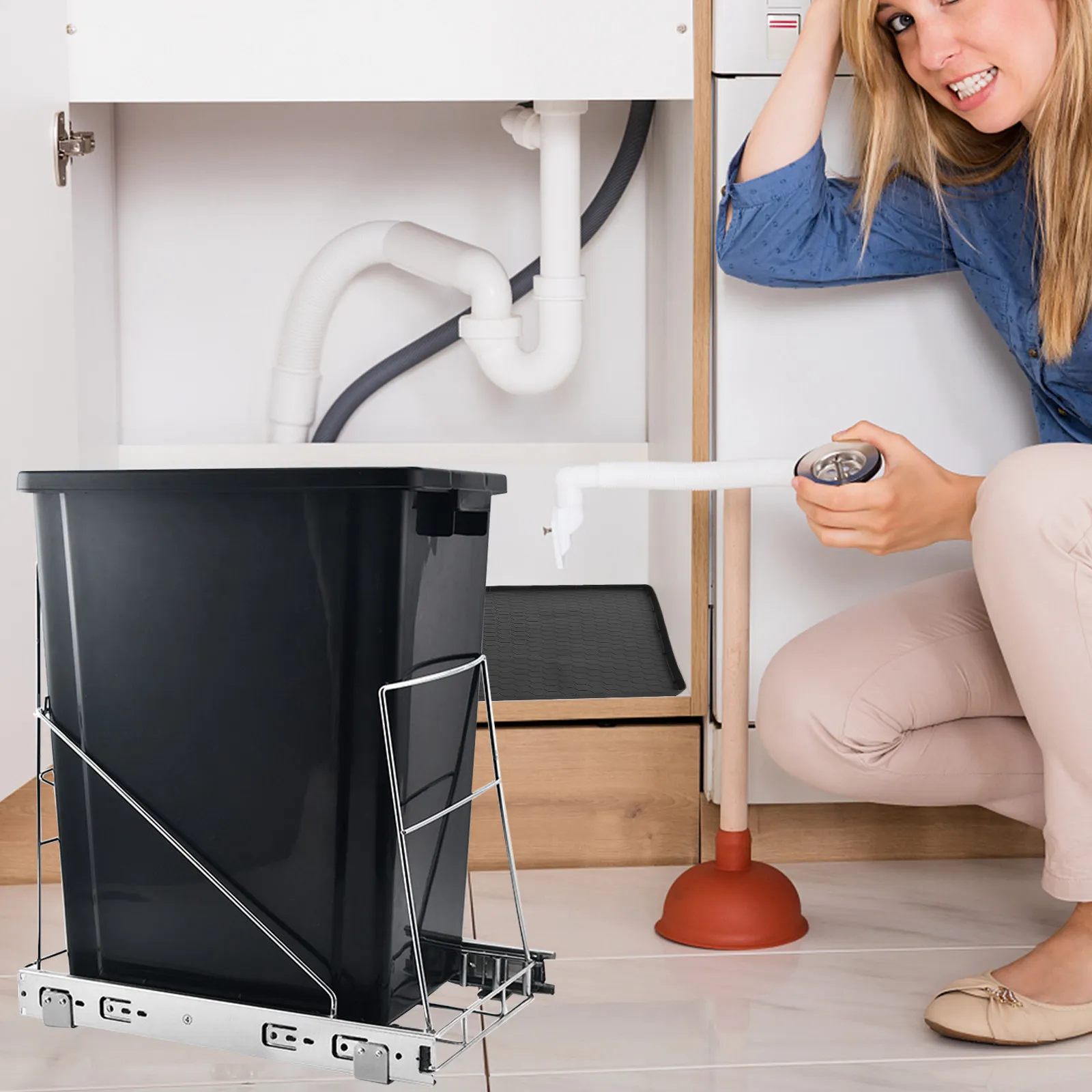 

Pull Out Slide-Out Shelf for Kitchen Trash Can Under Cabinet Adjustable Stainless Steel Slider Flexible Bearing Capacity