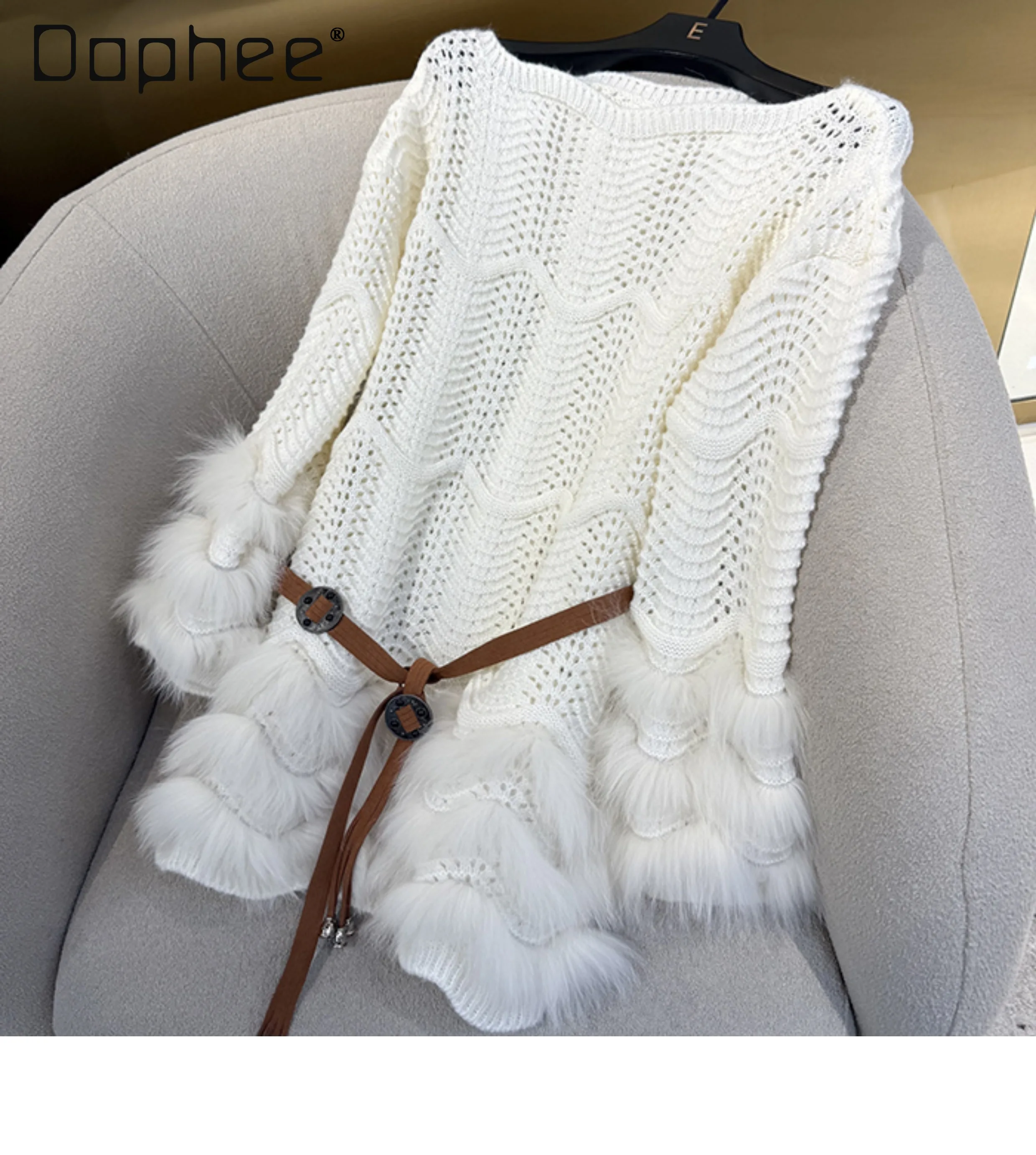 เสื้อไหมพรมแขนยาวปี 2025 แบบเปิดไหล่ แต่งขนฟ็อกซ์แท้ ตัดต่อผ้า ทรงเข้ารูป เซ็กซี่ ทันสมัย โอเวอร์ไซส์ สำหรับผู้หญิง