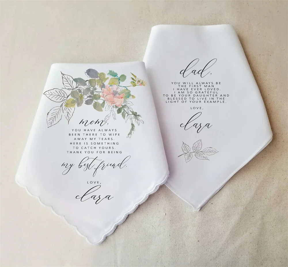 Mother of the Bride Gift and Father of the Bride, Personalized Handkerchief Wedding Gift- Soft Floral