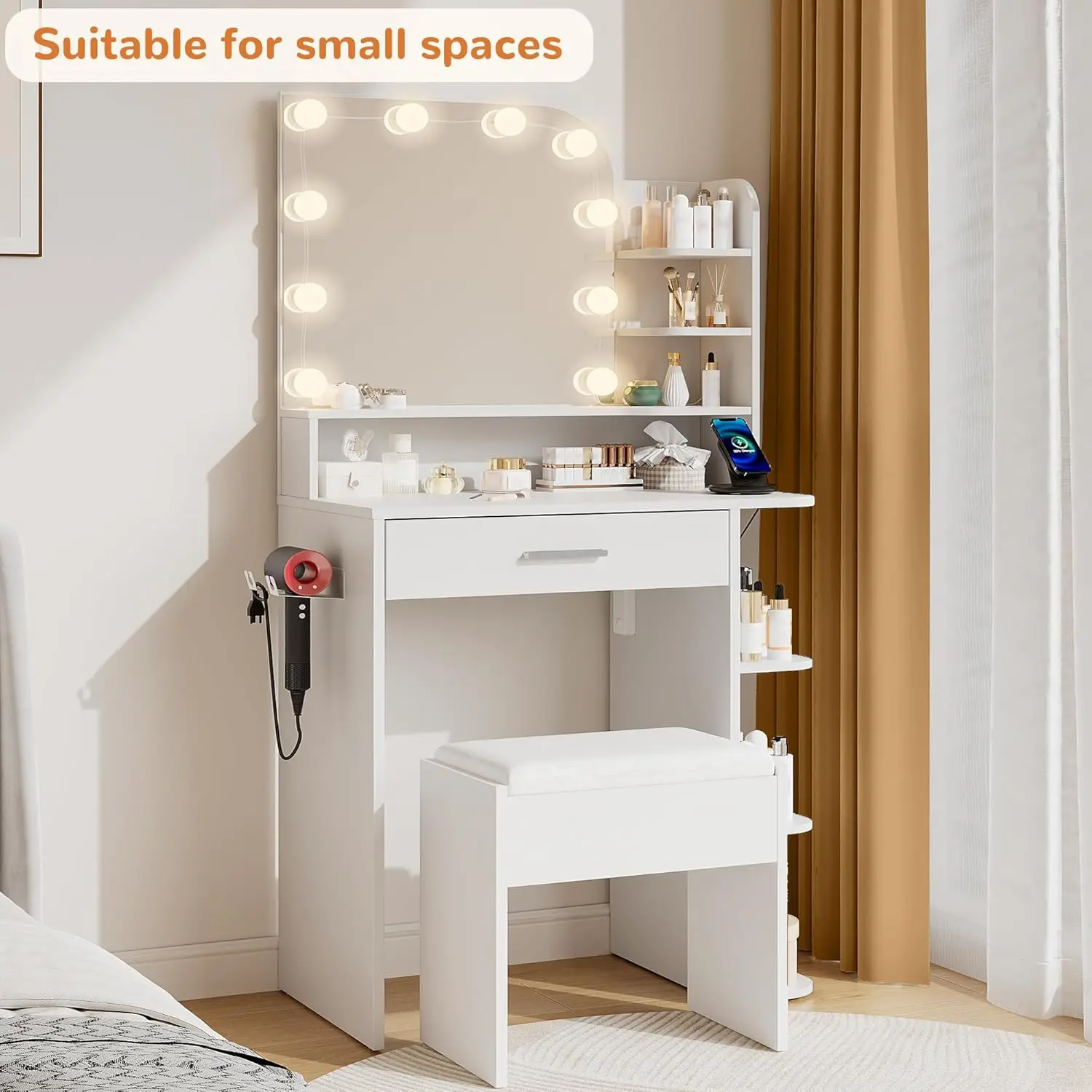 White Makeup Vanity Desk for Girls in Small Spaces, Compact with 3 - Color Lights view 5