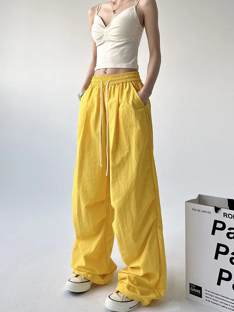 Dopne Yellow High Waist Wide Leg Women's Work Pants Summer Qui Dry Sports Trousers American Sle Commute Wind Long Pants