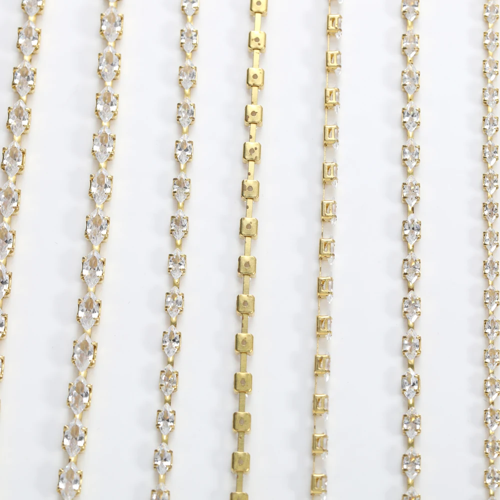 1 Yard 2x4mm Golden Base Navette Zirconia Cup Chains Glitter Zircon Rhinestone Trims For Necklace DIY Zircon Chains