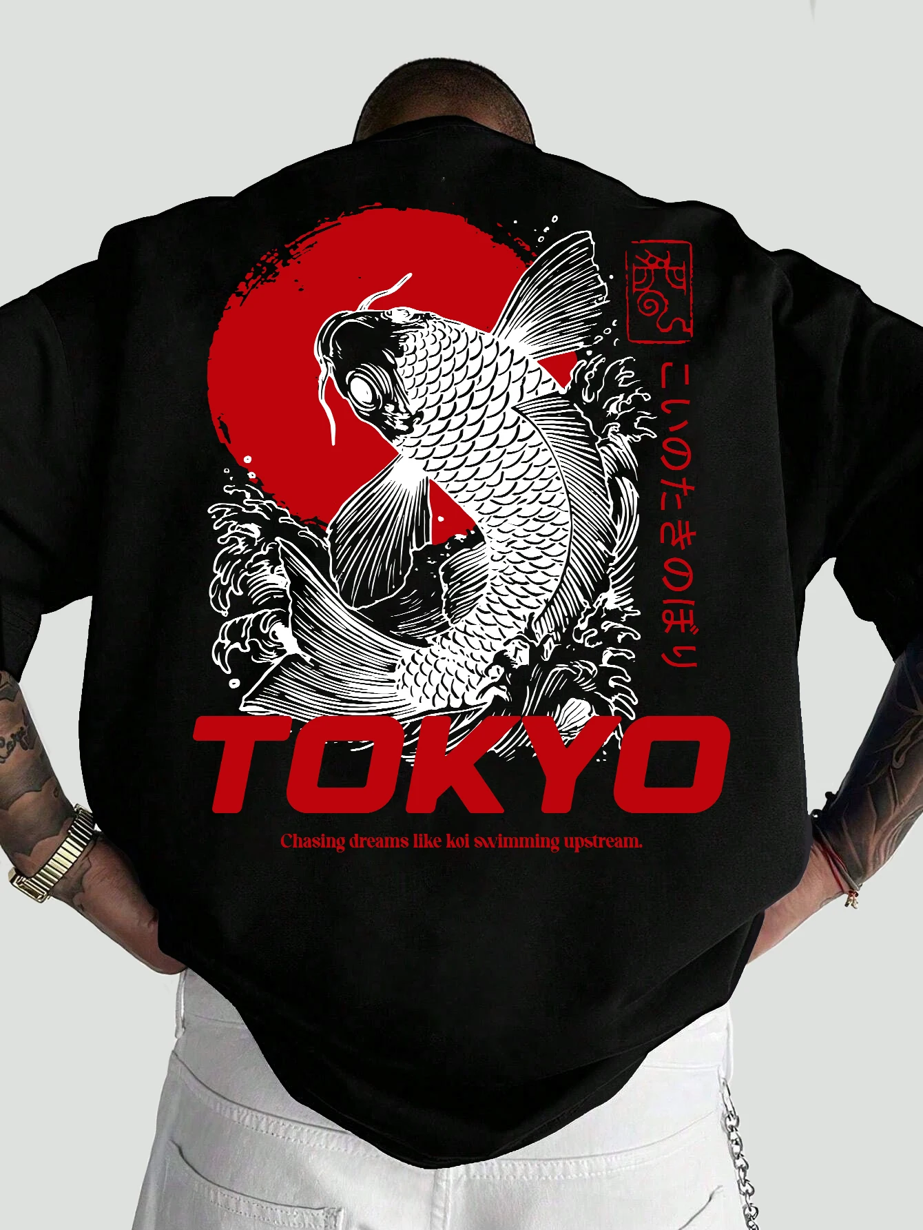 T-shirt oversize pour homme TOUYO Sakura Frame Vertical Letter Poem Text Back Print Japanese Streetwear Loose Tee