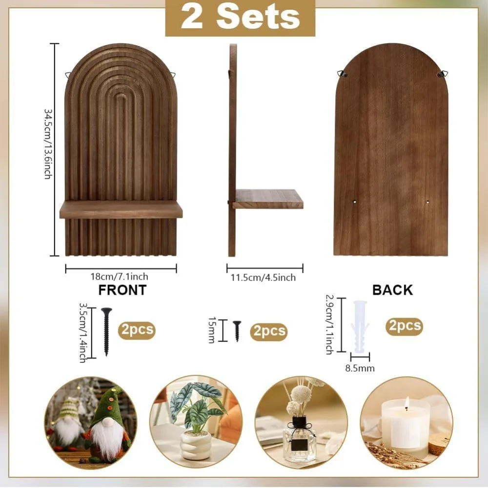 2 Set Wood Arch Wall Candle Sconces 13.5x7 inch Wooden Hanging Shelves Boho Wall Decor Rainbow Candle Holder for Bathroom Living
