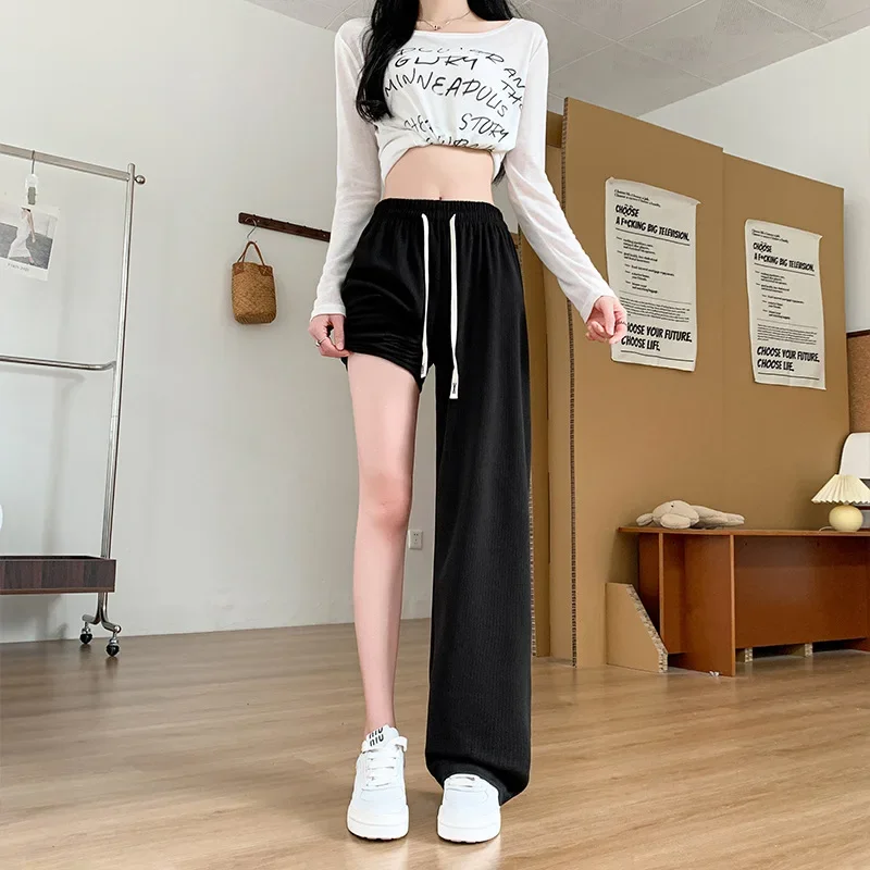 ارتفاع الخصر بنطال ذو قصة أرجل واسعة المرأة سليم صالح مستقيم قطع ربيع الخريف بناطيل كاجوال فضفاض ثنى طفيف تمتد الكاكي