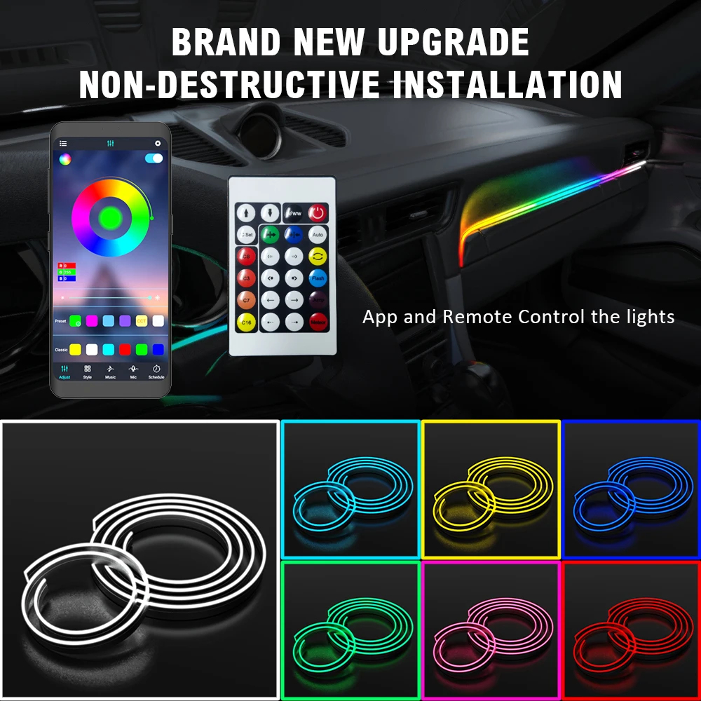 

Красочный светодиодный интерьер автомобиля, скрытое приложение, пульт дистанционного управления, атмосферная лампа, USB автомобильное окружающее освещение, акриловые полосы, освещение приборной панели, RGB