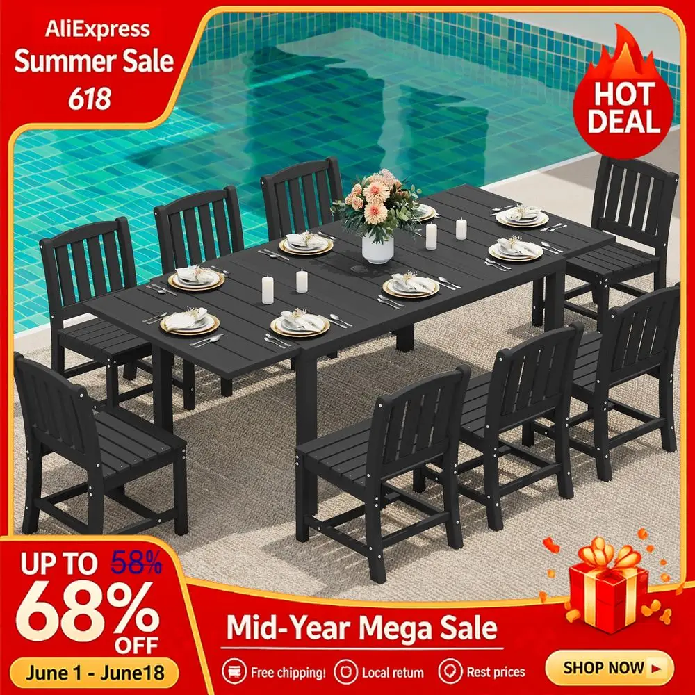 

9Piece Outdoor Dining Set, 60 83 Expandable Outdoor Dining Table and 8 HDPE Chairs, All Weather Outdoor Furniture Set, Custom