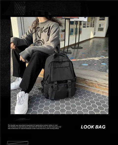 Black Students Backpacks Large Capacity Travel Bag Solid Harajuku Casual Schoolbag Backpack Women Man bag Unisex High Street sac