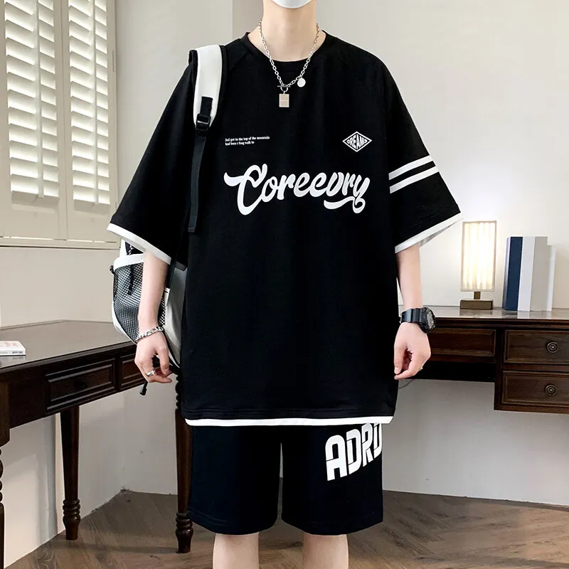 M-6XL Men's Sports Suit Oversized Taccksuits High Street Fashion T-shirt Shorts 2pec Set Men Retro Neck Top Designer Clothes Men