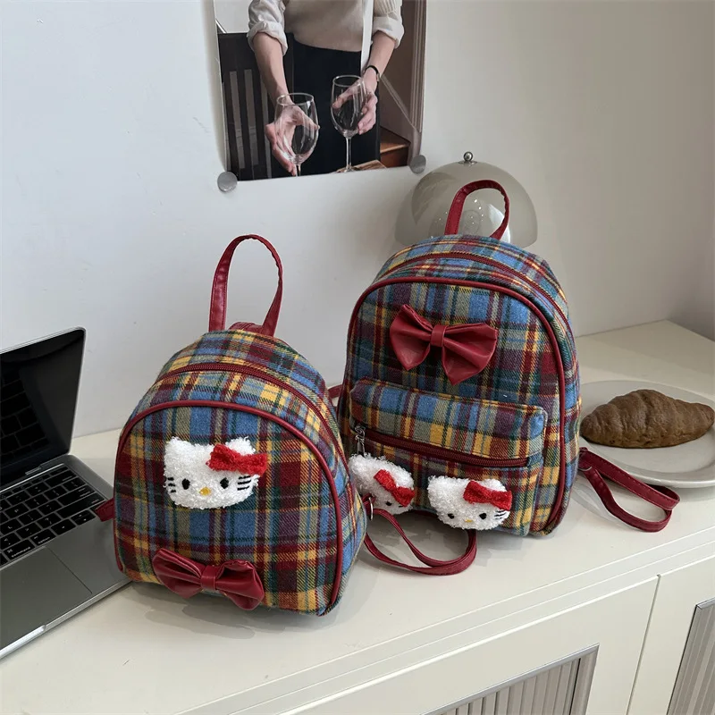 

Hello Kitty Plaid Mini Backpack with Red Bow, Vintage Tartan Plush Cartoon Backpack for Girls