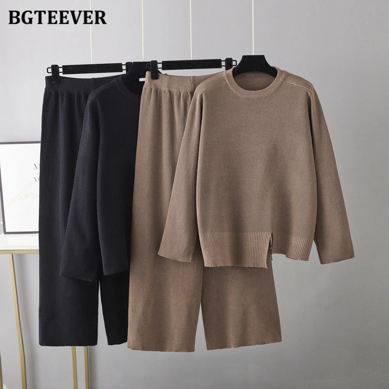 BGTEEVER Casual Loose Women Knitted Outfits O-neck Pullovers Sweaters & Wide Leg Pants Autumn Winter Ladies 2 Pieces Knitted Set
