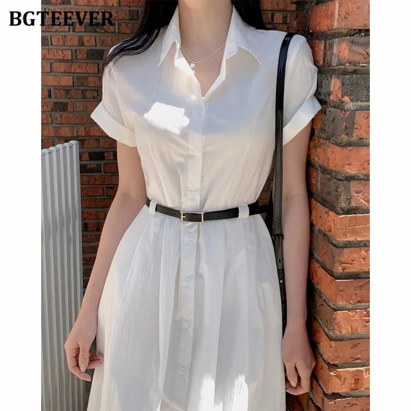 BGTEEVER Abito camicia da donna a maniche corte vintage a vita sottile Abito estivo a trapezio femminile monopetto con cintura