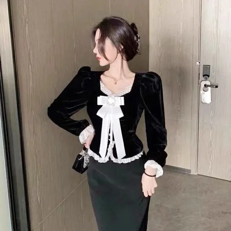 Frill Lace Ruffle Bow Pearls Heart Shape Button Black Velvet Shirt Long Sleeve Blouse Women Korean Clothes Cute Retro Top Blusas