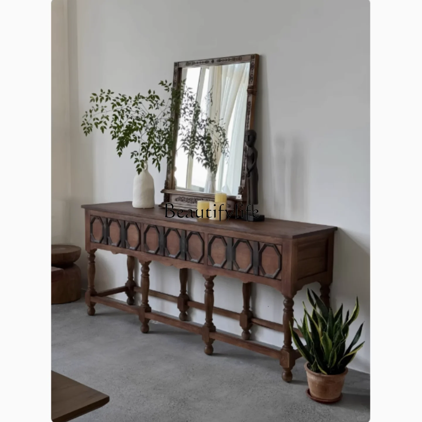 

French Retro Solid Wood Entryway Cabinet Villa High-End Carved Roman Column Decoration American Light Luxury Sideboard