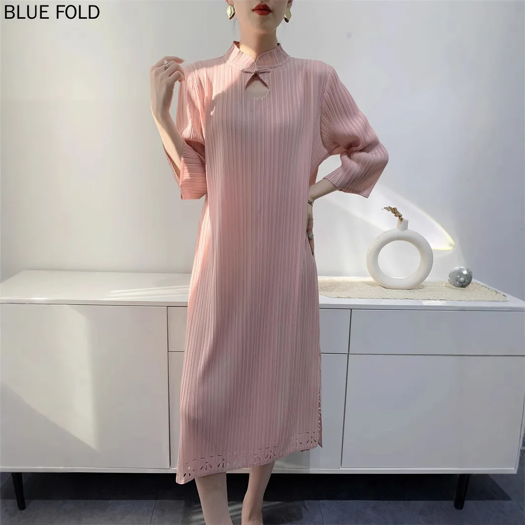 Miyake 2025 primavera e verão novo vestido plissado feminino high-end estilo chinês vestido plissado comprimento médio elegante robe
